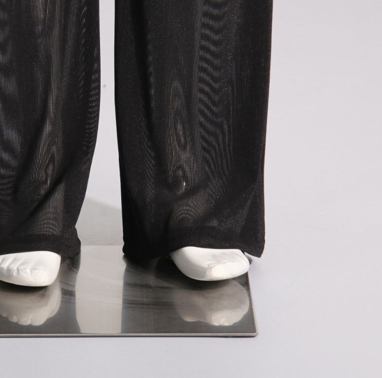 Blue Denim And Sheer Black Lace Panel Pants
