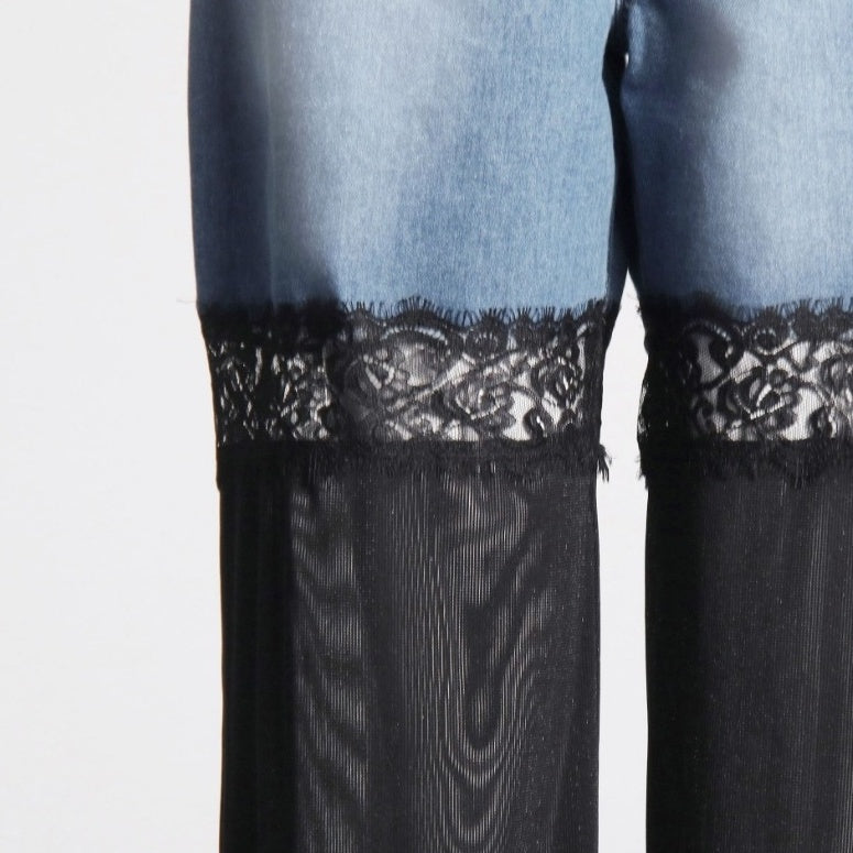 Blue Denim And Sheer Black Lace Panel Pants