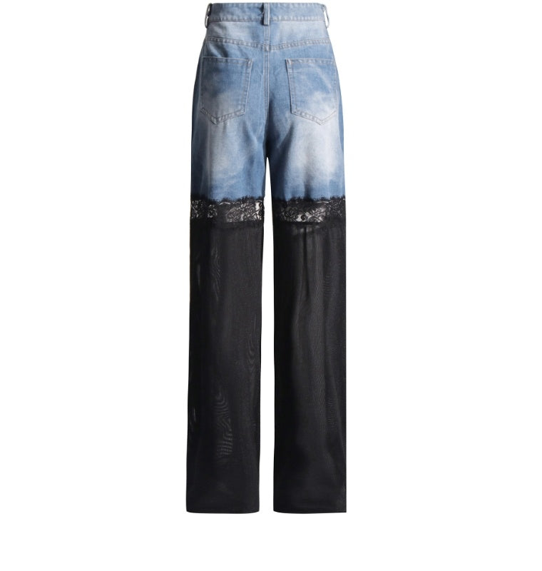 Blue Denim And Sheer Black Lace Panel Pants