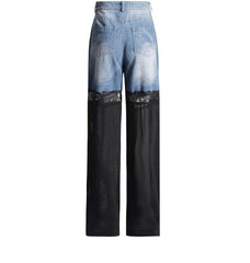 Blue Denim And Sheer Black Lace Panel Pants
