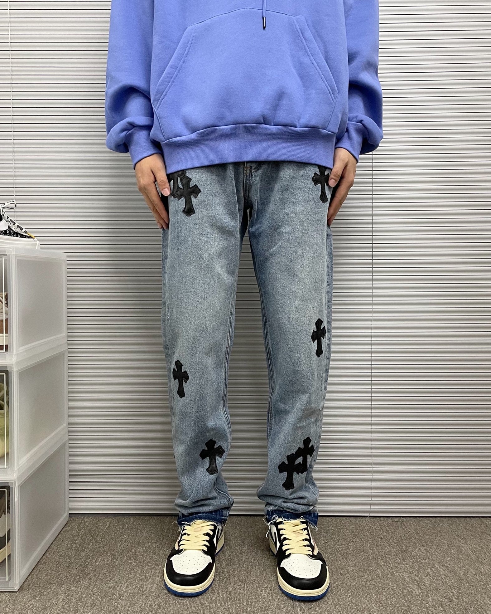 Blue Denim Jeans With Cross Patches