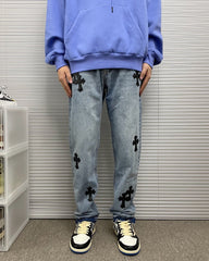 Blue Denim Jeans With Cross Patches