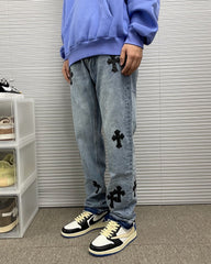 Blue Denim Jeans With Cross Patches