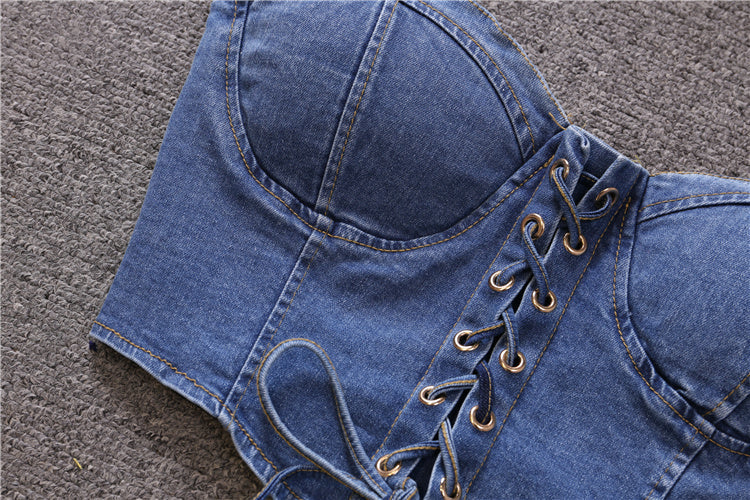 Blue Denim Lace-Up Crop Top