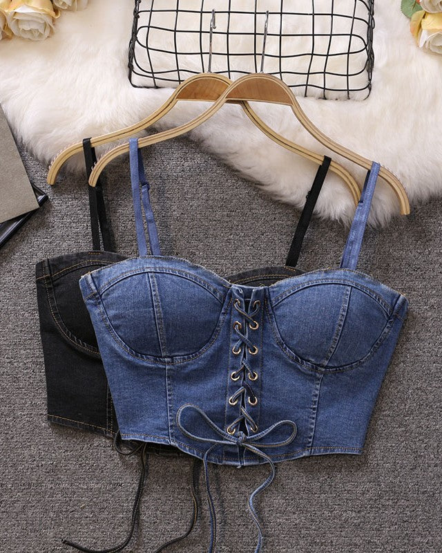 Blue Denim Lace-Up Crop Top