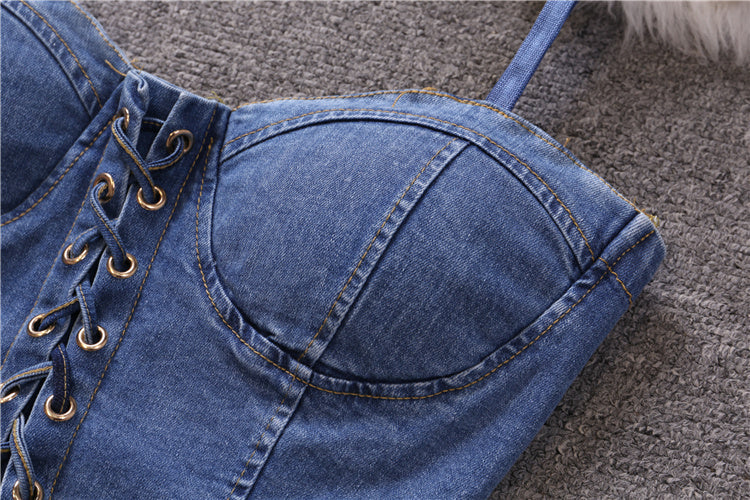 Blue Denim Lace-Up Crop Top