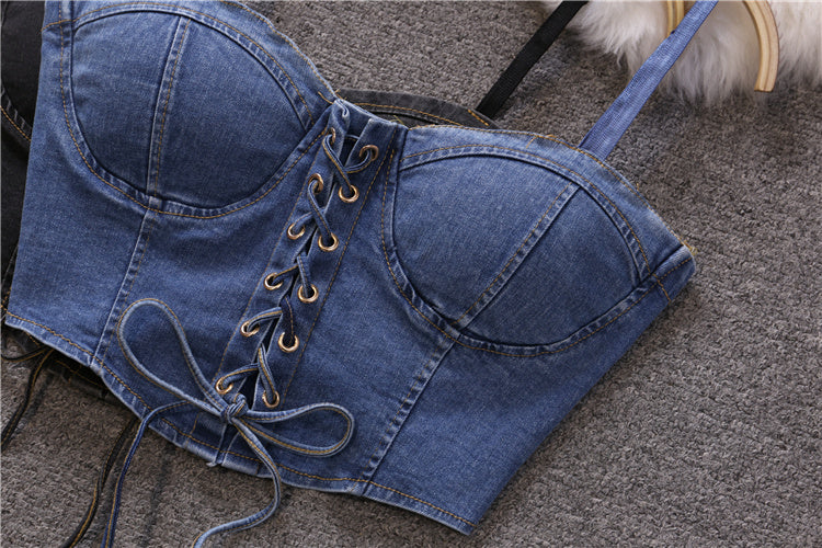 Blue Denim Lace-Up Crop Top