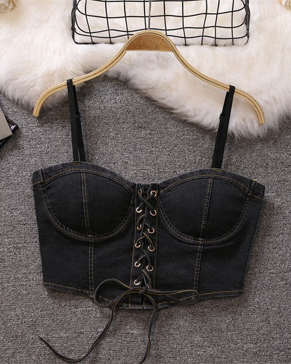 Blue Denim Lace-Up Crop Top