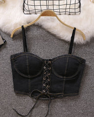 Blue Denim Lace-Up Crop Top