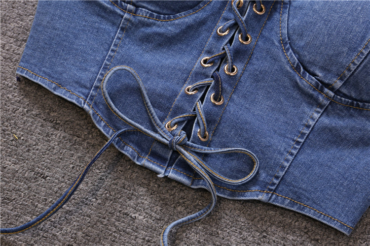 Blue Denim Lace-Up Crop Top