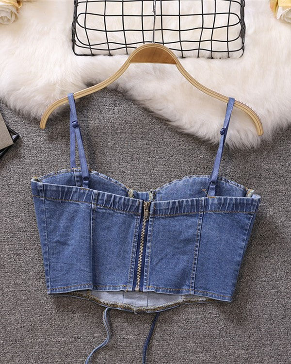 Blue Denim Lace-Up Crop Top