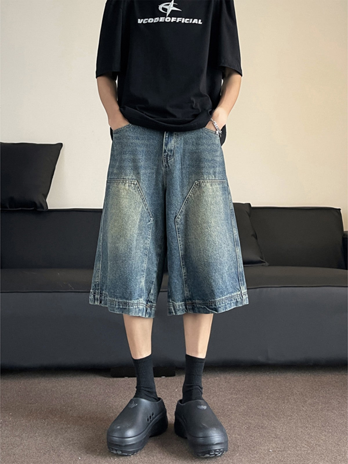 Blue Denim Patched Wide Leg Shorts