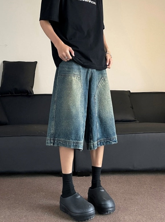 Blue Denim Patched Wide Leg Shorts