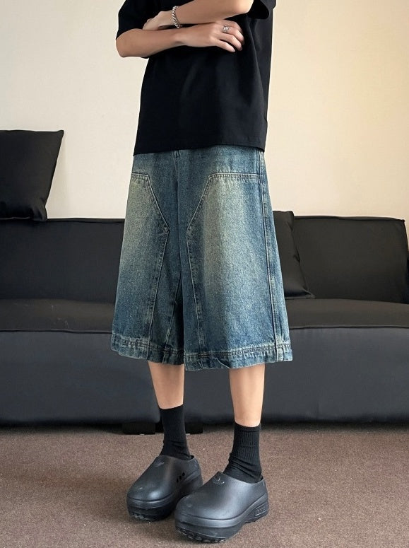 Blue Denim Patched Wide Leg Shorts