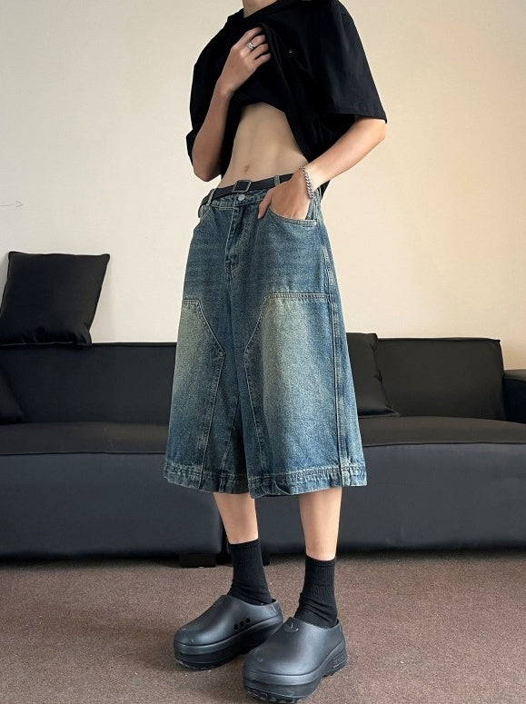 Blue Denim Patched Wide Leg Shorts