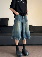 Blue Denim Patched Wide Leg Shorts