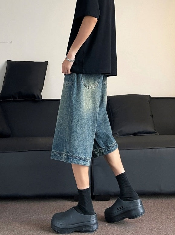 Blue Denim Patched Wide Leg Shorts