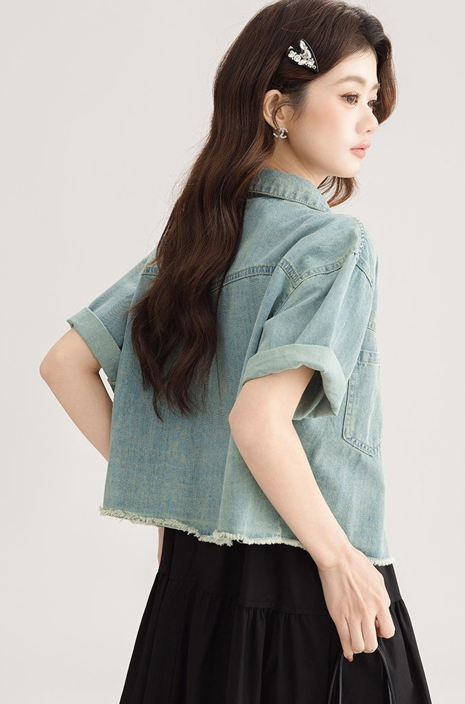 Blue Denim Short Sleeve Casual Jacket Shirt