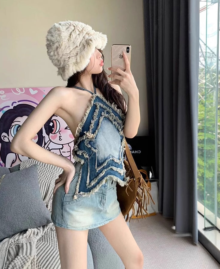 Blue Denim Star Crop Top