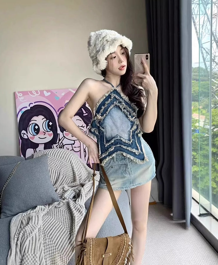 Blue Denim Star Crop Top