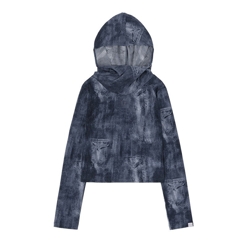 Blue Denim Style Print Hooded Top