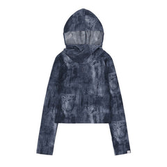 Blue Denim Style Print Hooded Top