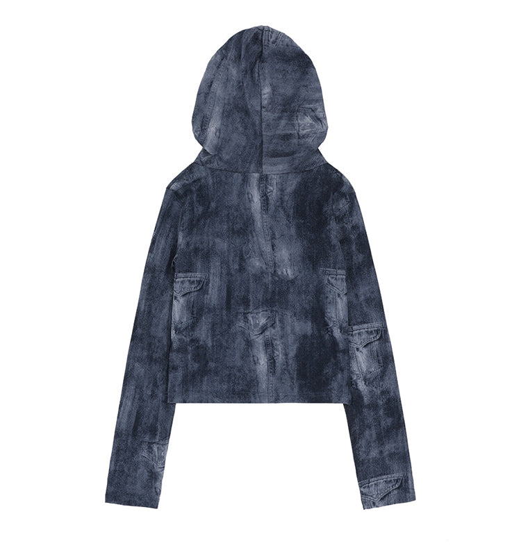 Blue Denim Style Print Hooded Top
