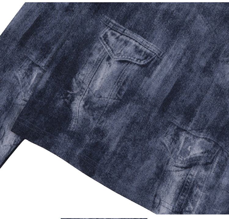 Blue Denim Style Print Hooded Top