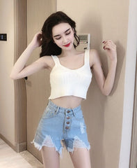 Blue Distressed Denim Button-Down Shorts