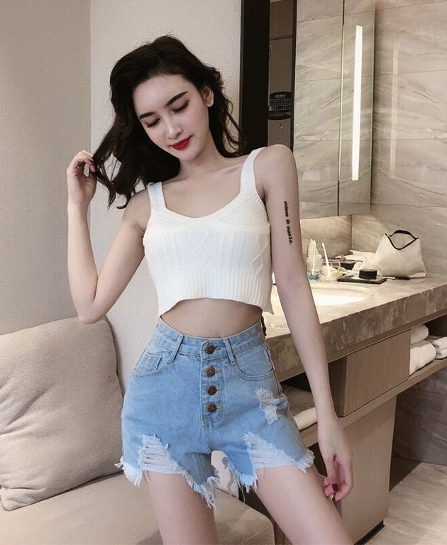 Blue Distressed Denim Button-Down Shorts