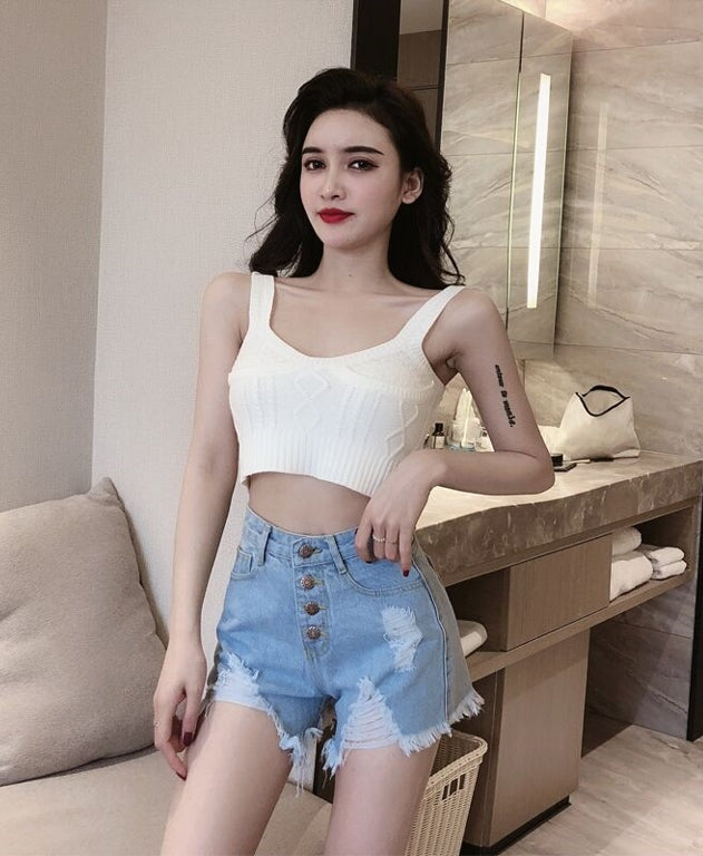 Blue Distressed Denim Button-Down Shorts