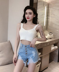 Blue Distressed Denim Button-Down Shorts