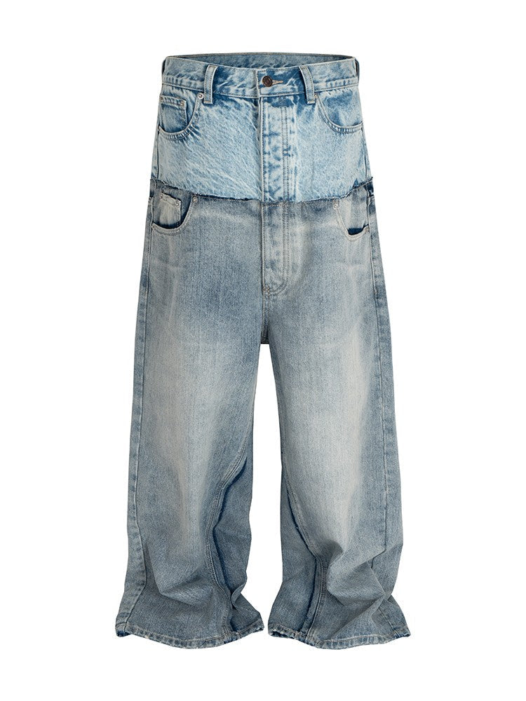 Blue Double Waist Spliced Jeans