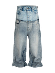 Blue Double Waist Spliced Jeans