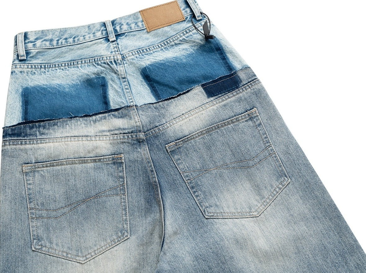 Blue Double Waist Spliced Jeans