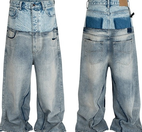 Blue Double Waist Spliced Jeans