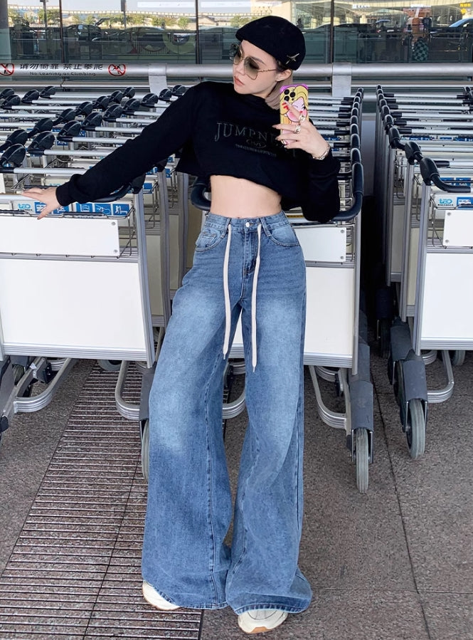 Blue Drawstring Wide Leg Jeans