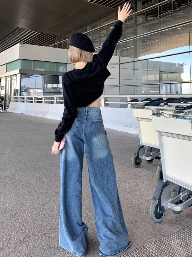 Blue Drawstring Wide Leg Jeans
