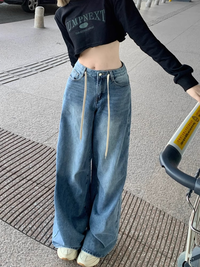 Blue Drawstring Wide Leg Jeans