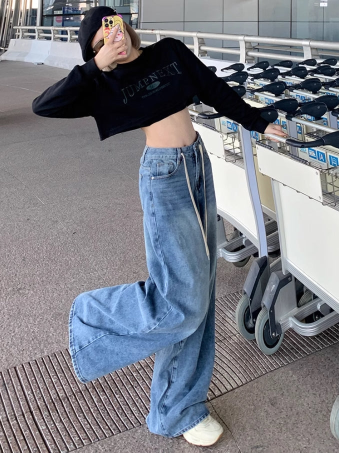 Blue Drawstring Wide Leg Jeans