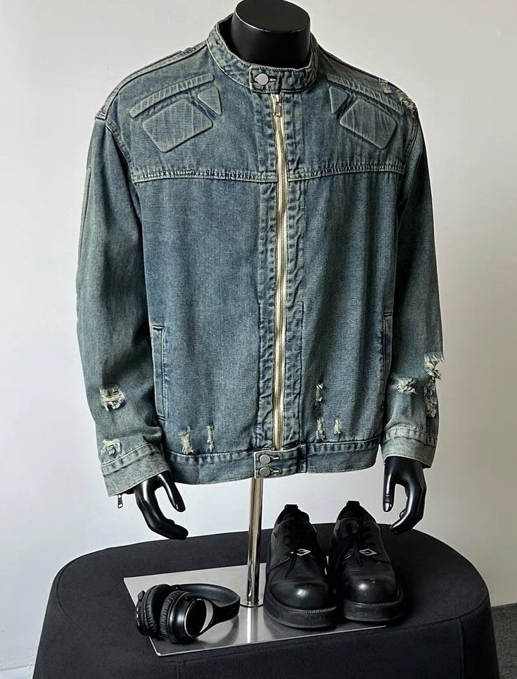 Blue Embossed Detail Distressed Denim Jacket