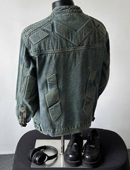 Blue Embossed Detail Distressed Denim Jacket