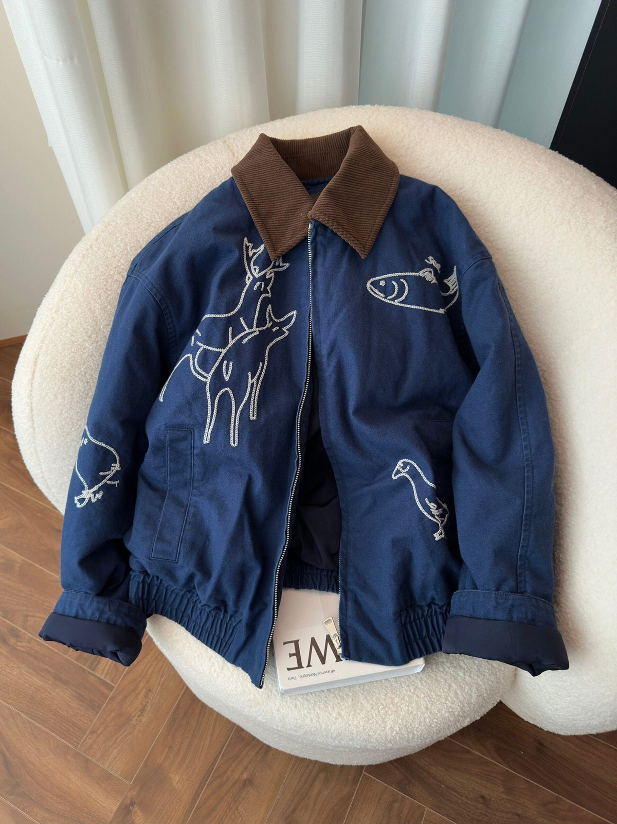 Blue Embroidered Corduroy Collar Jacket