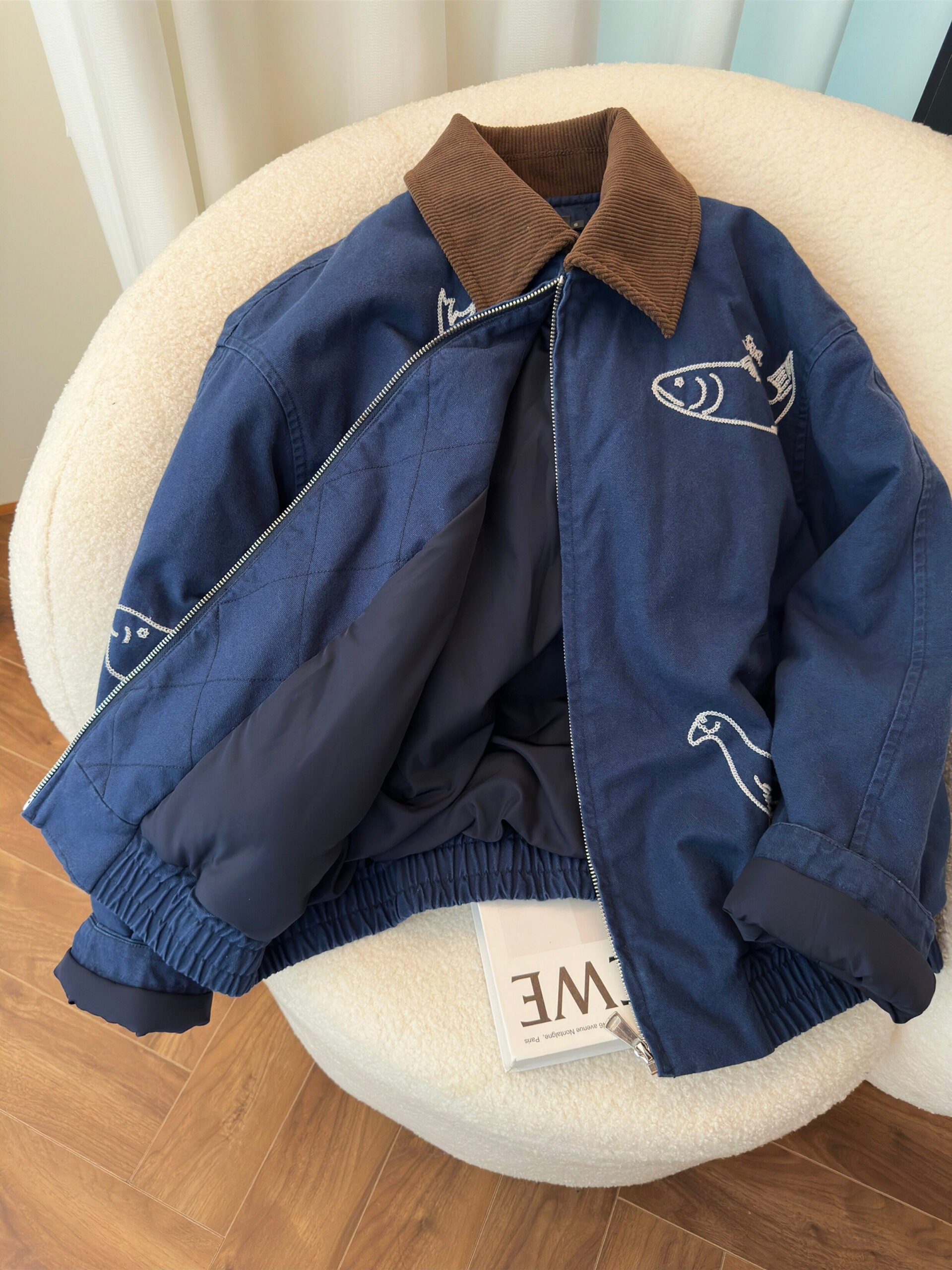 Blue Embroidered Corduroy Collar Jacket