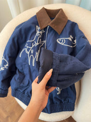 Blue Embroidered Corduroy Collar Jacket