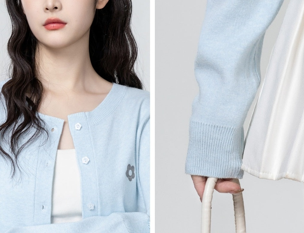 Blue Embroidered Knit Cardigan Sweater