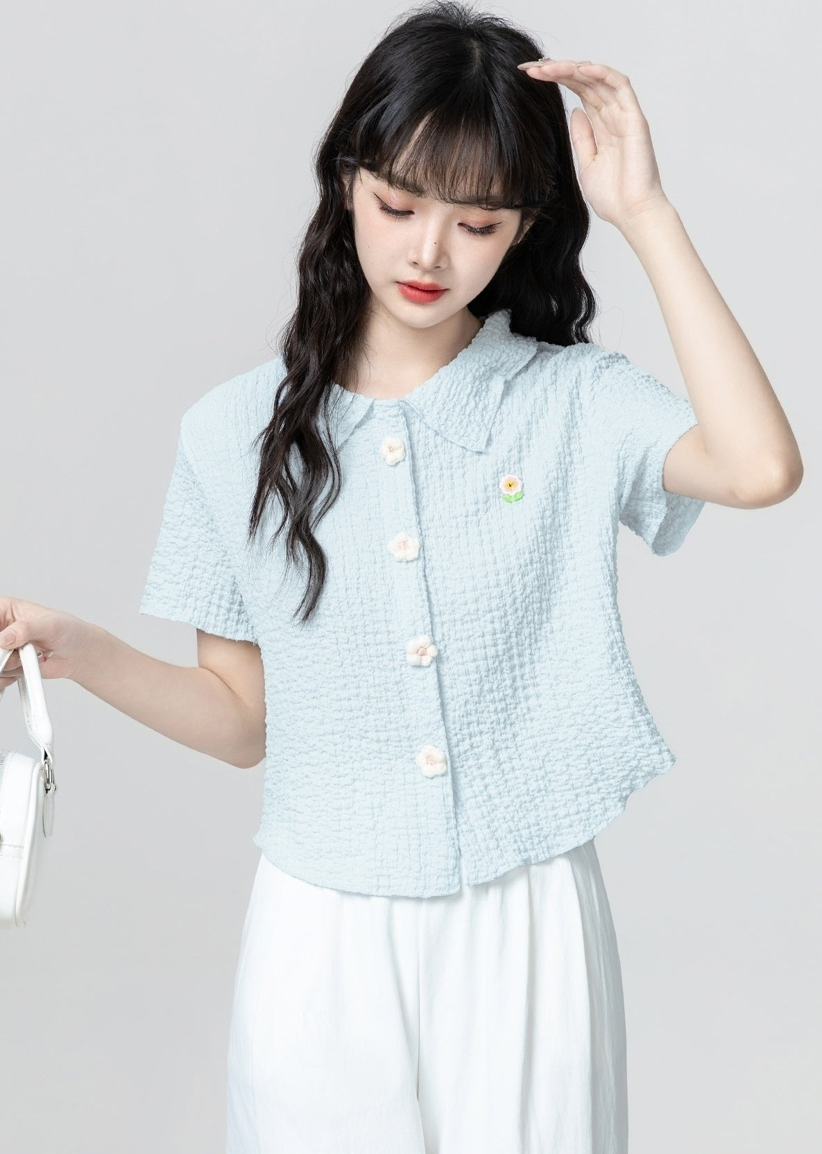 Blue Floral Embroidered Polo Collar Short Sleeve Shirt