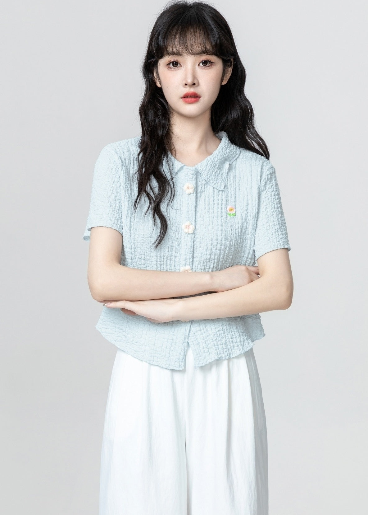 Blue Floral Embroidered Polo Collar Short Sleeve Shirt