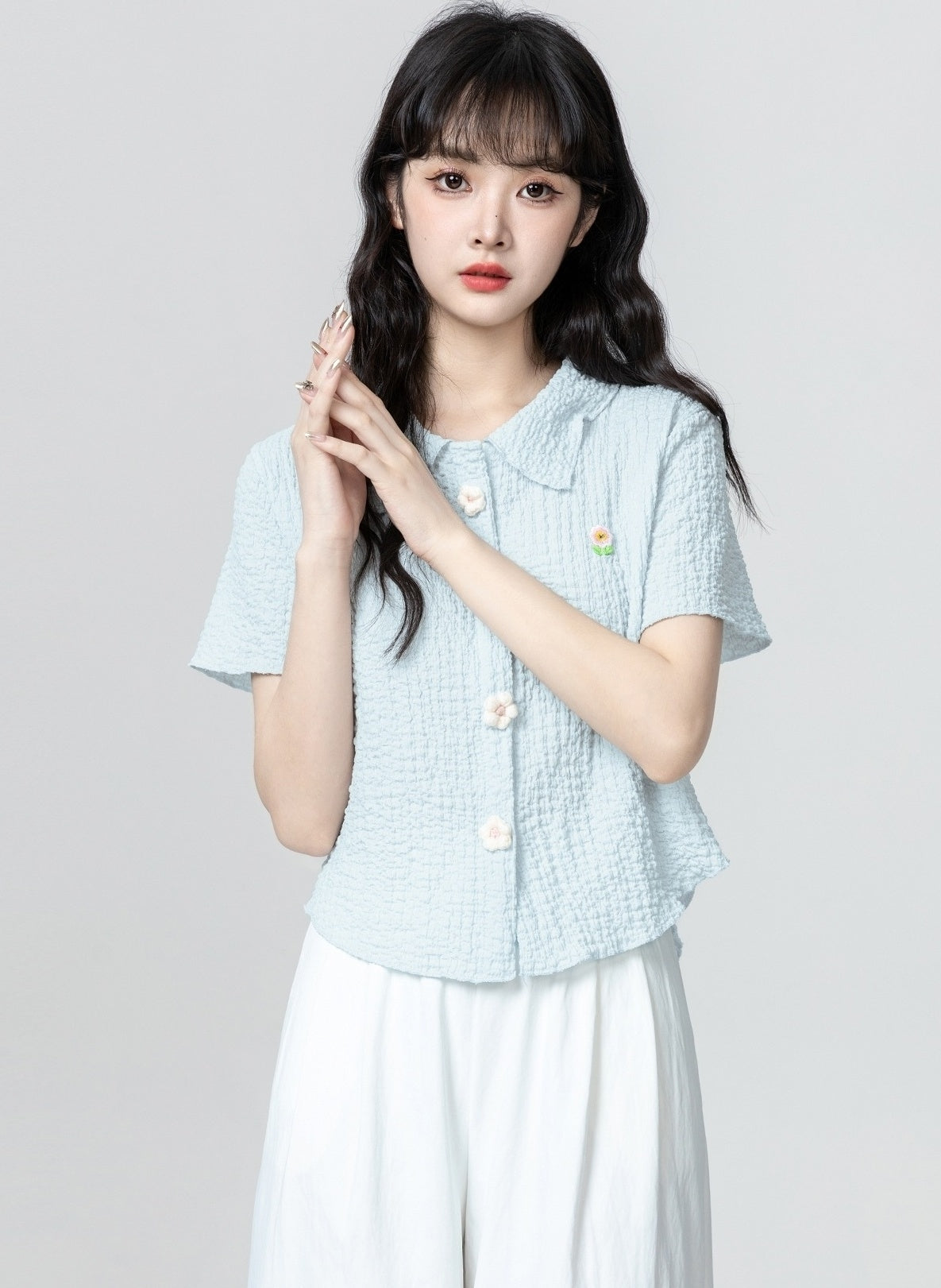 Blue Floral Embroidered Polo Collar Short Sleeve Shirt
