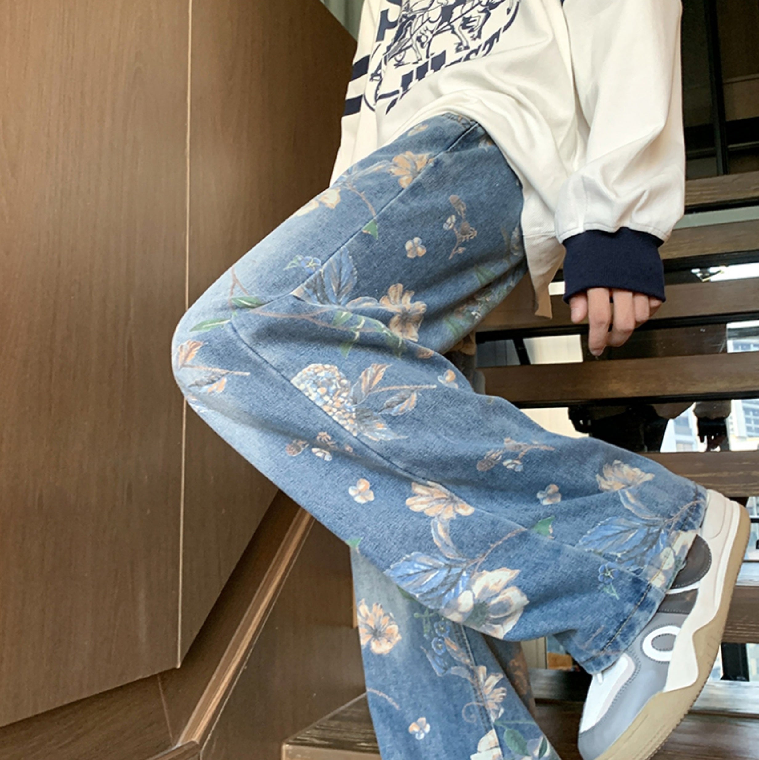 Blue Floral Pattern Jeans